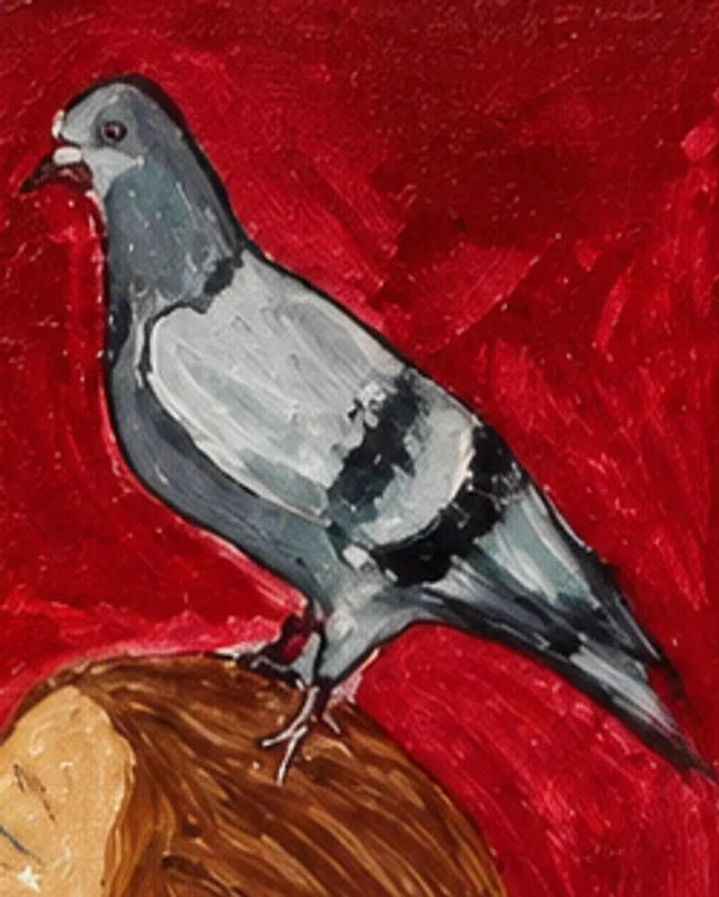 Detail of Hafsa Imran's Sumud: a grey dove standing on the girl's head against the red ground