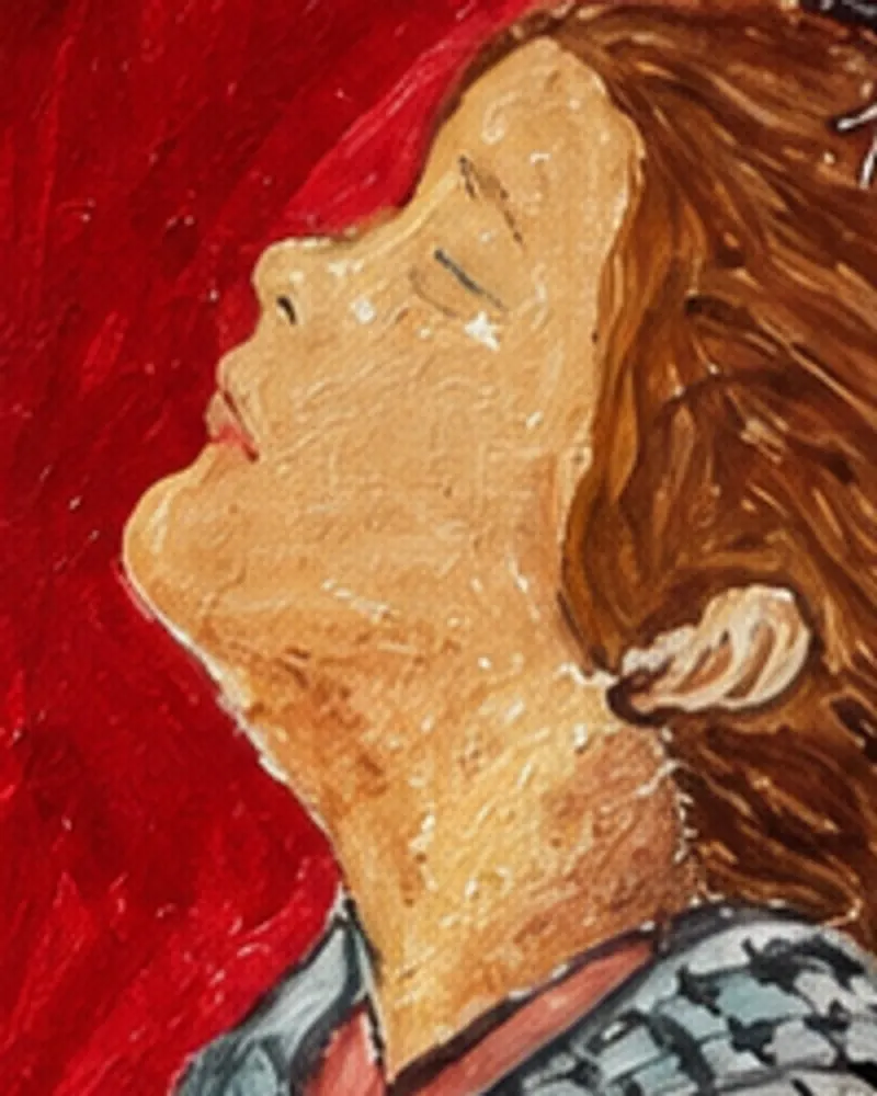 Detail of Hafsa Imran's Sumud: the girl's face in profile, eyes closed, lifted upward