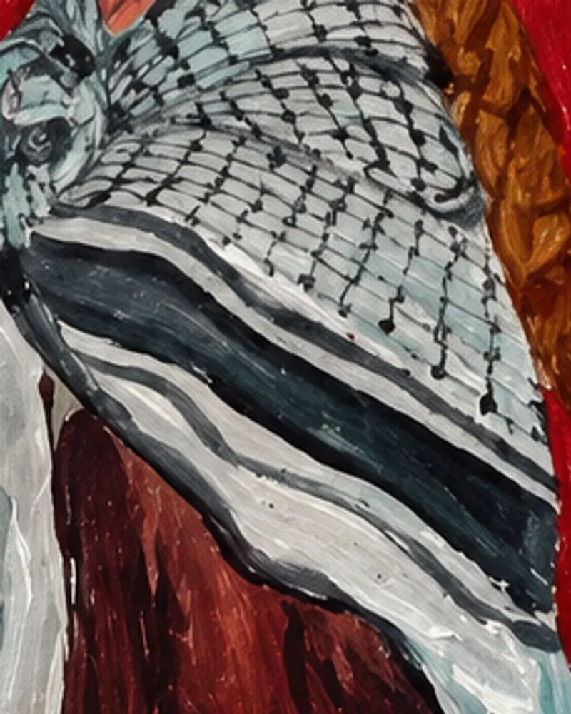 Detail of Hafsa Imran's Sumud: the black-and-white keffiyeh pattern around the girl's shoulders