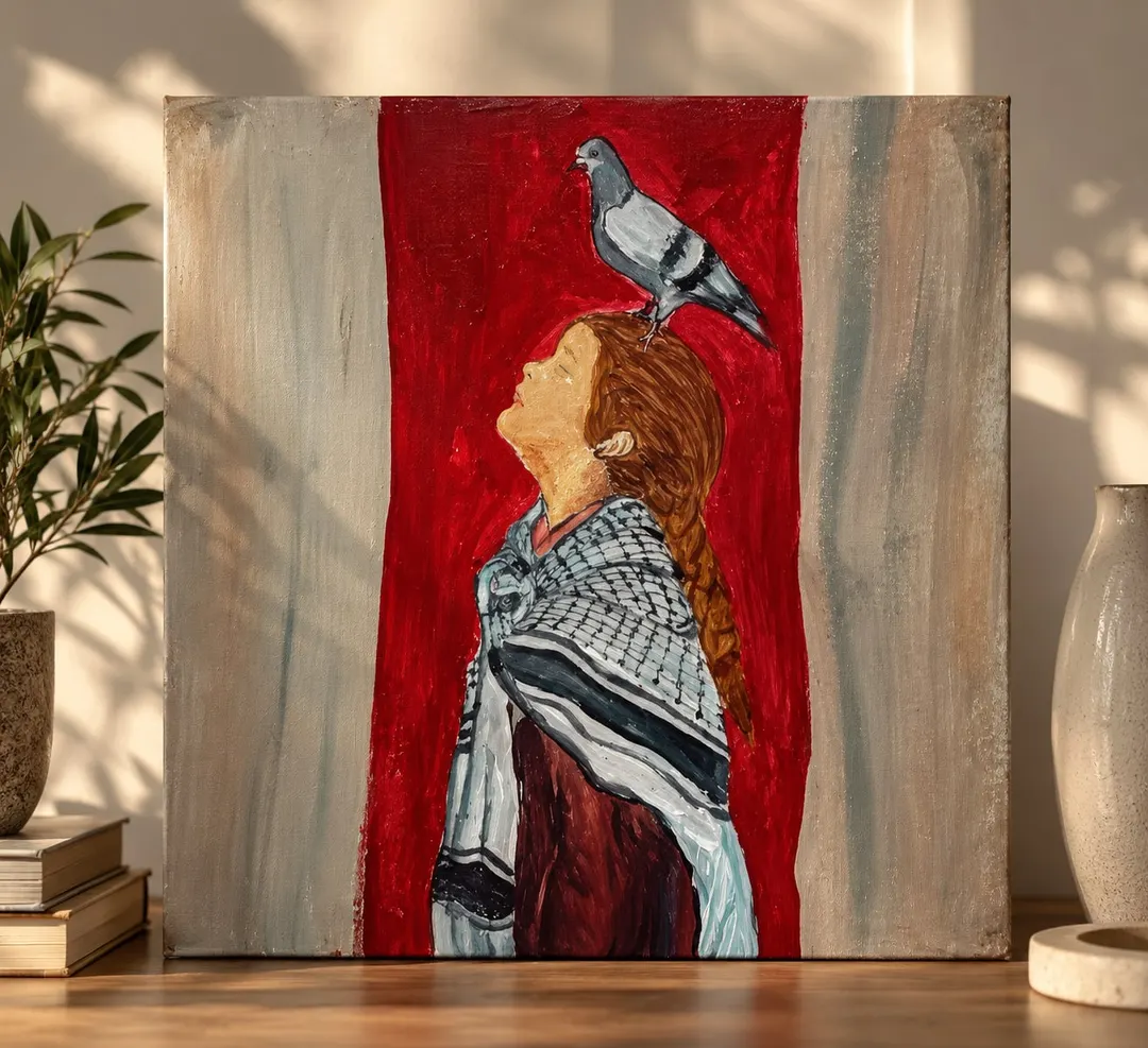 Sumud (A Dove for Palestine), a painting by Hafsa Imran: a girl in profile with her eyes closed and face lifted, a long auburn braid and a black-and-white Palestinian keffiyeh over a dark red dress, a grey dove standing on her head, against a band of deep red between weathered grey panels