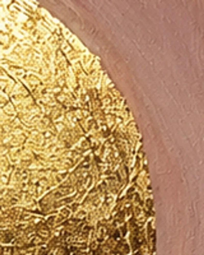Detail of Hafsa Imran's Tasbih: the crinkled gold circle meeting the dusty pink ground