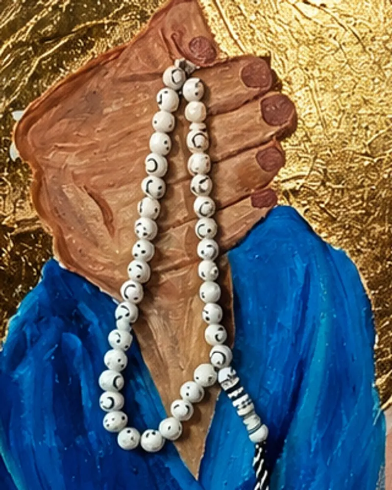 Detail of Hafsa Imran's Tasbih: two clasped hands holding a string of white prayer beads against the gold circle