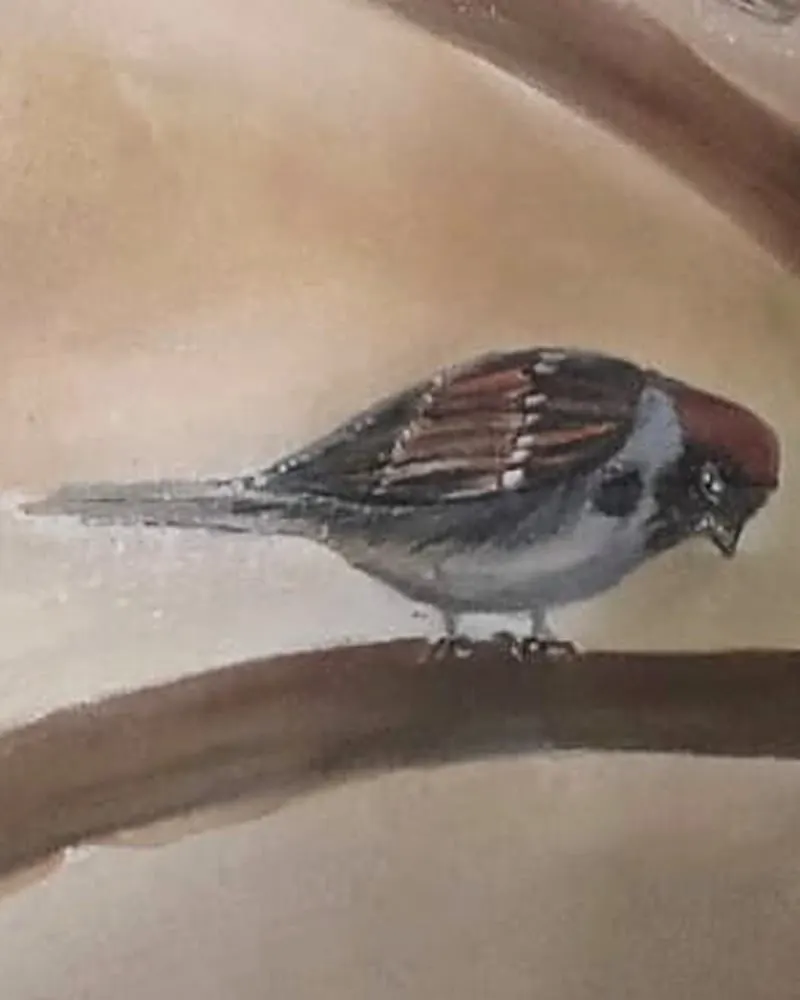 Detail of Hafsa Imran's Tawakkul: the lowest sparrow on the branch, head bowed, looking down