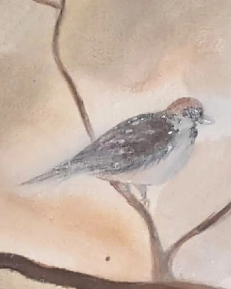 Detail of Hafsa Imran's Tawakkul: the highest sparrow, painted pale and soft on a thin twig, facing right