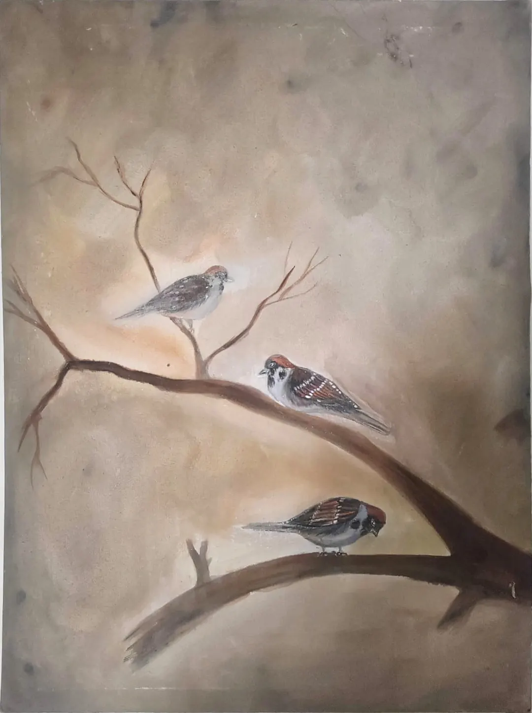Tawakkul (Sparrows on a Branch), a painting by Hafsa Imran, high-resolution photograph of the original