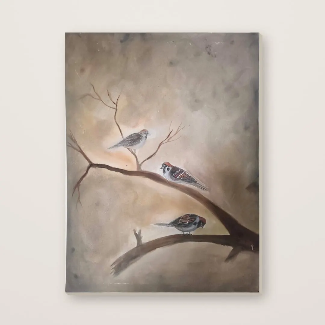 Tawakkul (Sparrows on a Branch) by Hafsa Imran as a stretched canvas on a plain cream wall, square format
