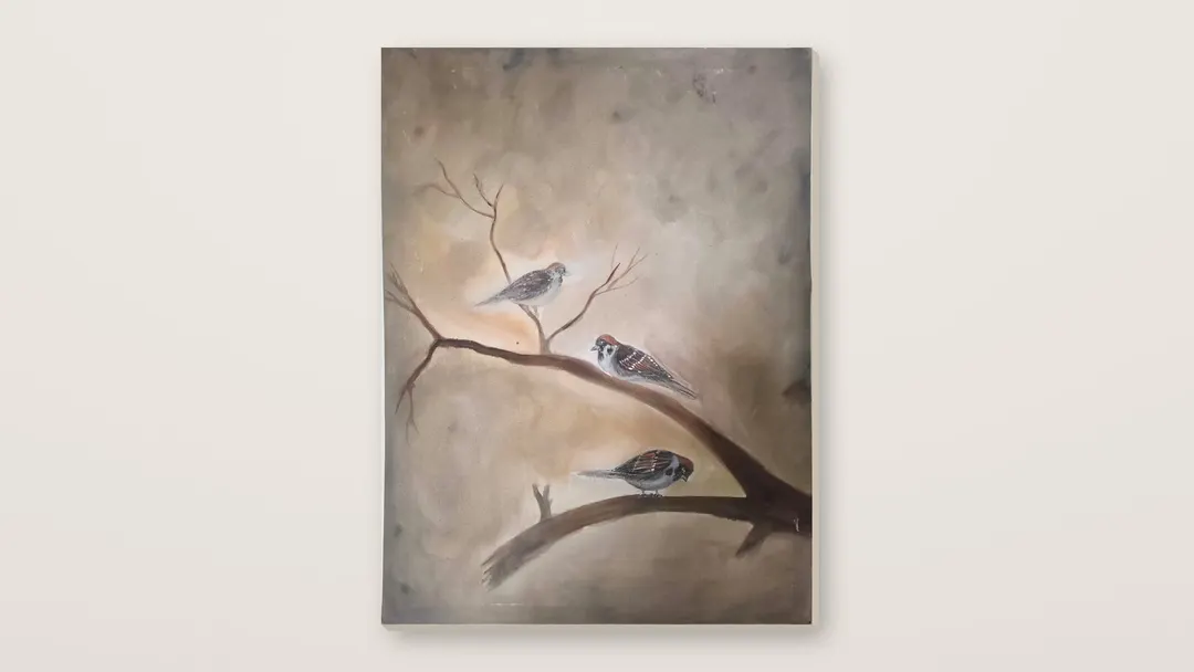 Tawakkul (Sparrows on a Branch) by Hafsa Imran as a stretched canvas on a wide plain cream wall