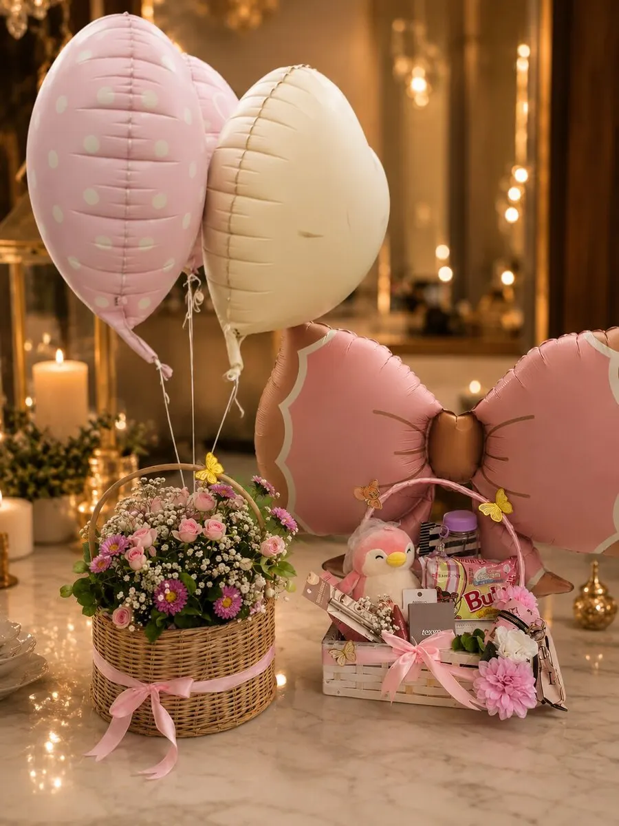 Pink and cream balloons above a padded pink bow cushion with a wicker basket of fresh flowers and newborn items — handcrafted by Bloom & Beyond in Lahore