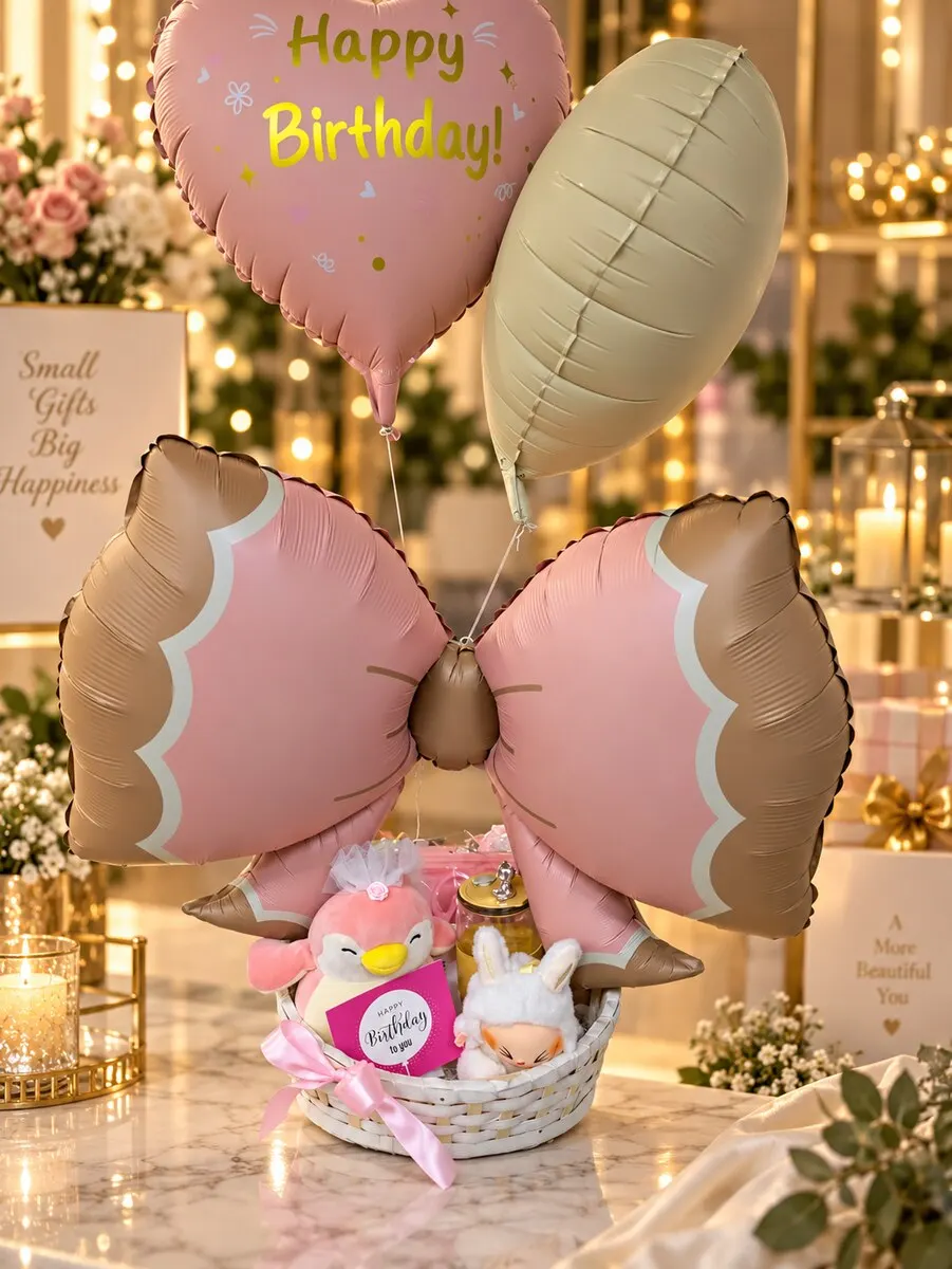 A Happy Birthday heart balloon and pink bow balloon above a basket of soft toys and treats — handcrafted by Bloom & Beyond in Lahore