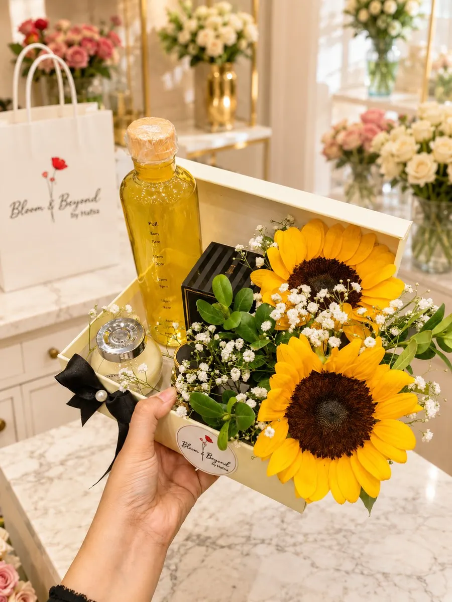 A cream keepsake box pairing three things the recipient keeps long after the flowers are gone: an imported scented candle — handcrafted by Bloom & Beyond in Lahore