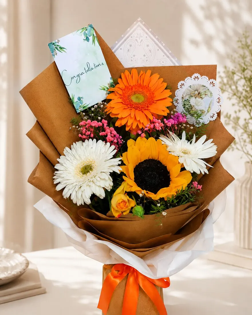 Congratulations sunflower bouquet — a bright sunflower with orange and white gerberas, a yellow rose and pink filler in kraft wrap — handcrafted by Bloom & Beyond in Lahore