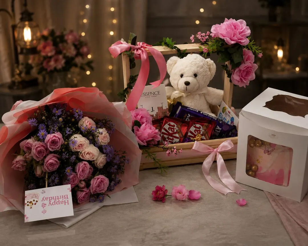 A hand-tied pink rose bouquet with a 'Happy Birthday' card, a soft white teddy, a fresh celebration cake in a window box — handcrafted by Bloom & Beyond in Lahore