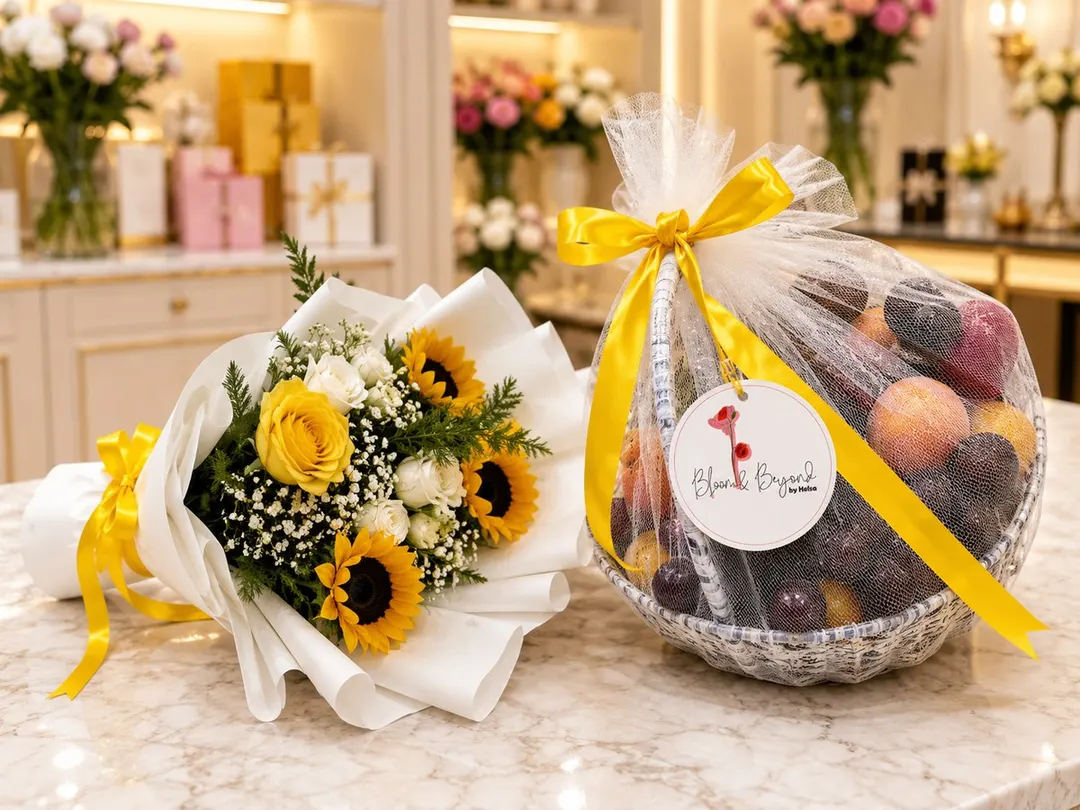 A whitewashed cane basket of mixed seasonal fruit, wrapped in clear film and tied with a yellow satin bow — handcrafted by Bloom & Beyond in Lahore