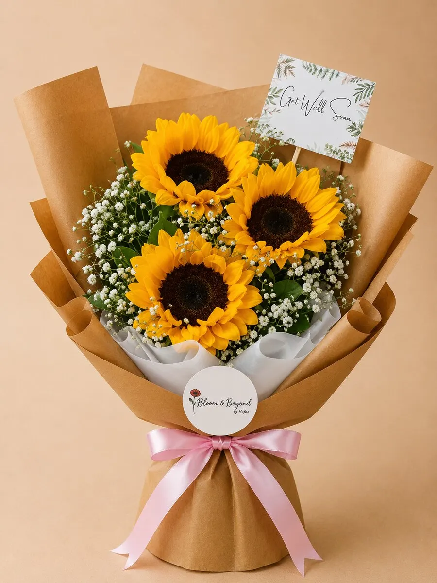 A bright, uplifting bouquet of three large sunflowers nested in clouds of baby's breath and fresh greenery — handcrafted by Bloom & Beyond in Lahore