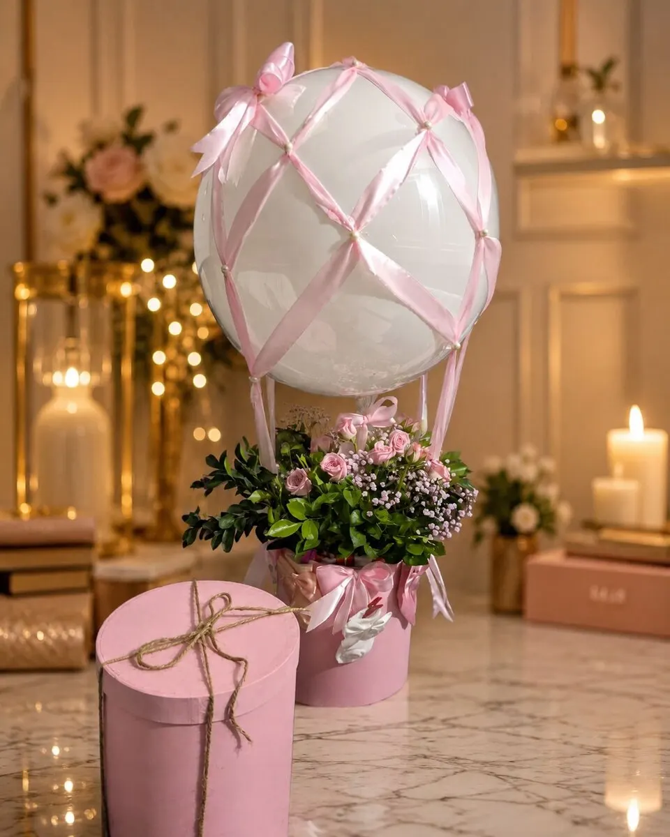 A white balloon laced with pink ribbon floating above a pink hat box filled with fresh pink flowers and greenery — handcrafted by Bloom & Beyond in Lahore