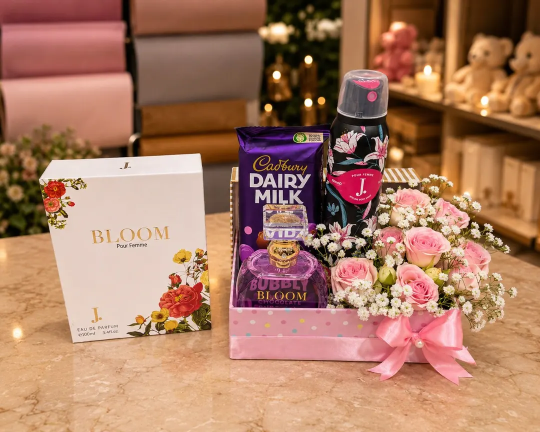 A pink gift hamper with J. Bloom Pour Femme perfume, a J. body mist, Cadbury Dairy Milk chocolate and fresh pink roses — handcrafted by Bloom & Beyond in Lahore