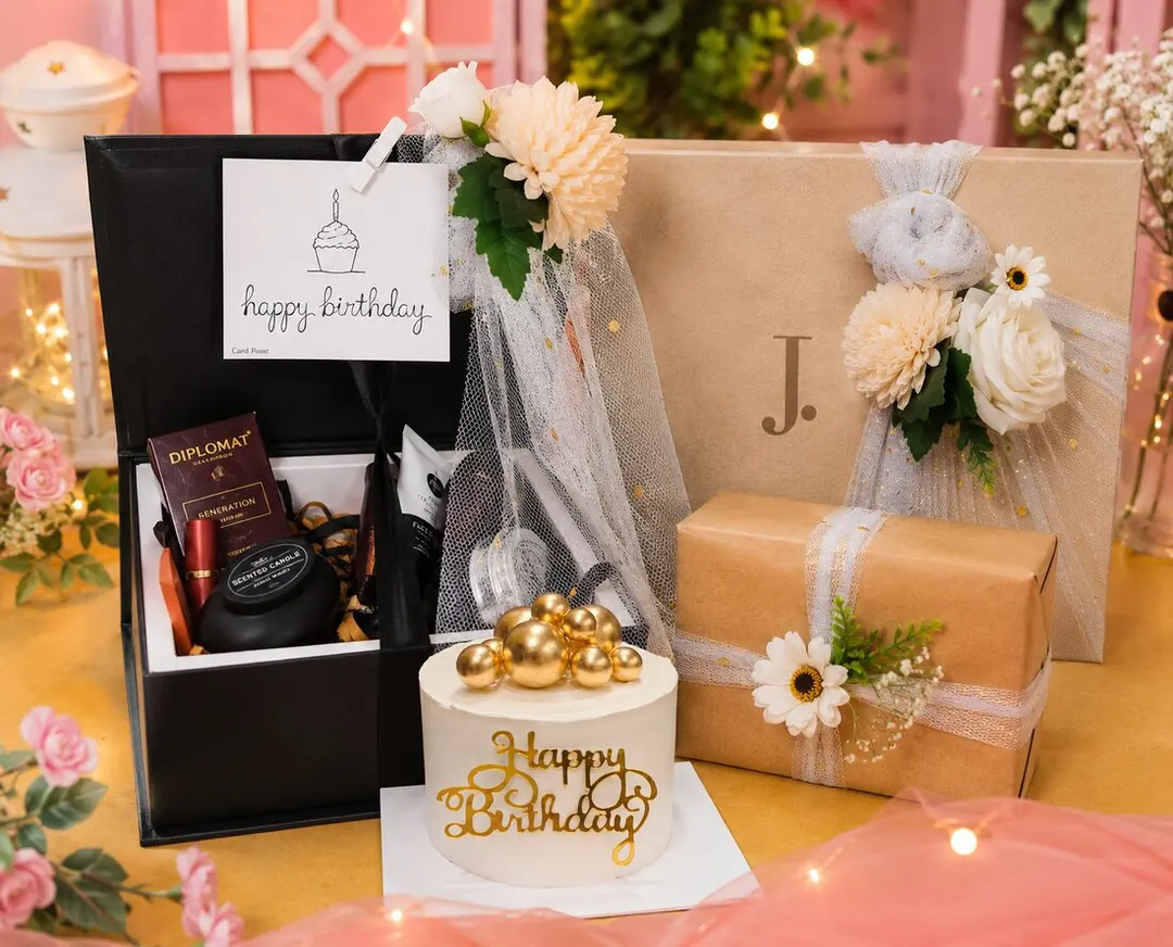 We sourced a Junaid Jamshed (J.) outfit on her behalf and paired it with a 'Happy Birthday' celebration cake, Diplomat chocolates — handcrafted by Bloom & Beyond in Lahore