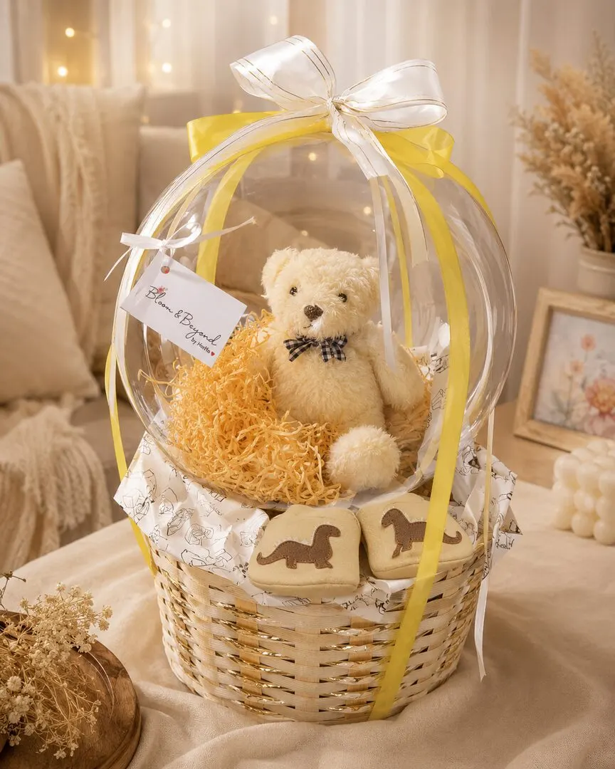 A woven basket cradles a clear balloon globe with a soft teddy inside, plus iced dinosaur cookies and a ribbon — handcrafted by Bloom & Beyond in Lahore
