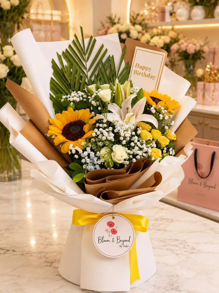 A generous mixed bouquet built around stargazer lilies and sunflowers, with white and yellow roses, gypsophila — handcrafted by Bloom & Beyond in Lahore