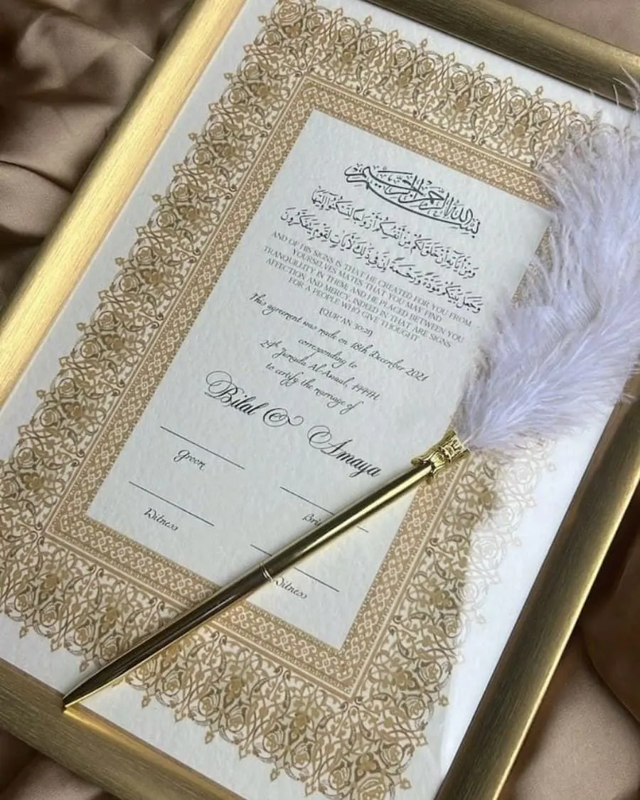 A beautifully designed Nikkah certificate with gold borders, Arabic calligraphy, and the couple's names — handcrafted by Bloom & Beyond in Lahore