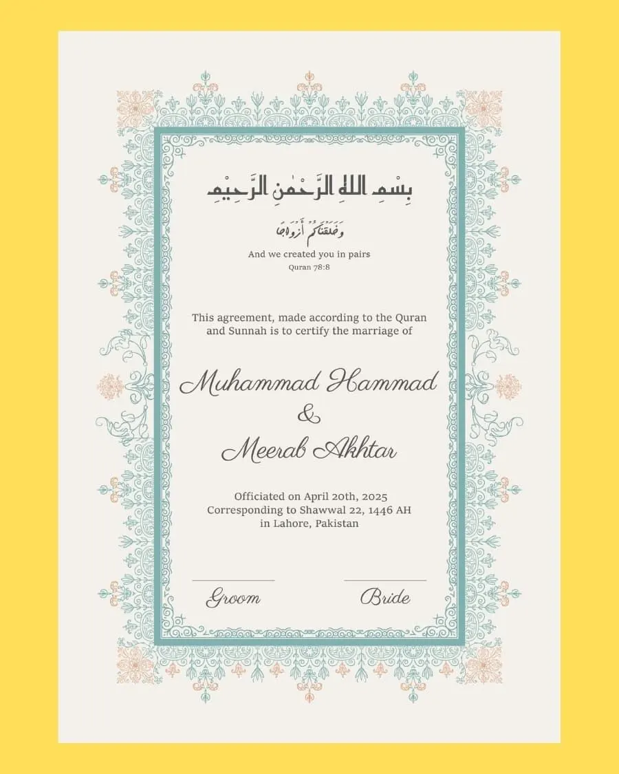 A contemporary Nikkah certificate design with teal and yellow floral borders — handcrafted by Bloom & Beyond in Lahore