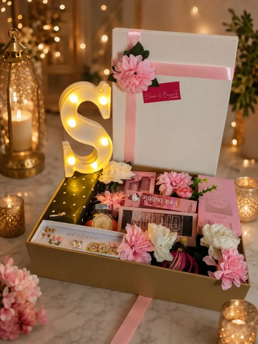 A gold gift box with a lit marquee initial letter, pink flowers and a curated set of beauty products — handcrafted by Bloom & Beyond in Lahore
