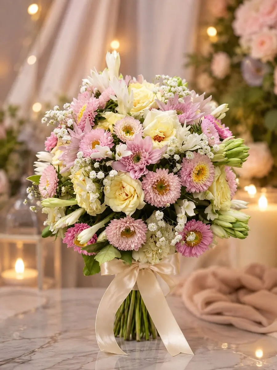 A hand-tied bouquet of pink asters, cream lisianthus, chrysanthemums and baby's breath finished with a wide cream ribbon — handcrafted by Bloom & Beyond in Lahore