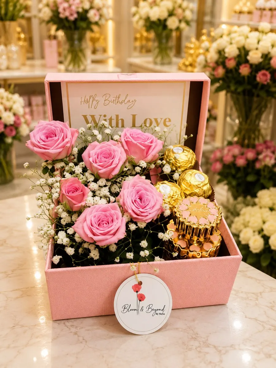 A blush-pink keepsake box with a gold-foil 'Happy Birthday — With Love' lid, filled with pink roses — handcrafted by Bloom & Beyond in Lahore