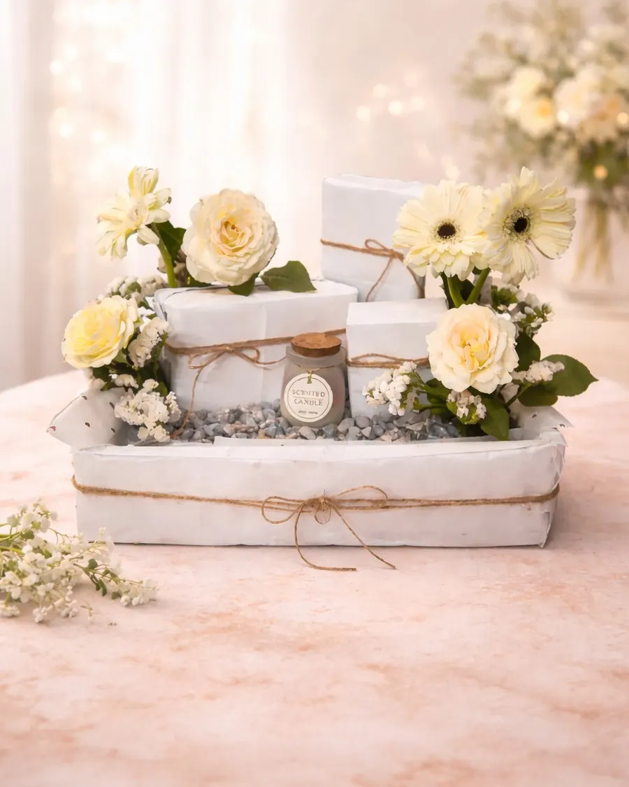 The ultimate birthday gift for wife in Pakistan — a luxury white tray with fresh white roses, gerbera daisies, premium chocolates — handcrafted by Bloom & Beyond in Lahore