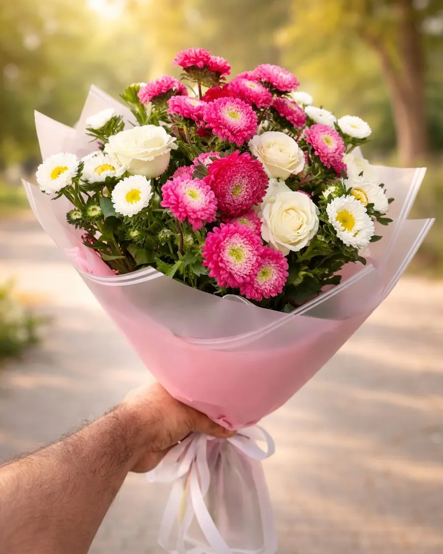 Fresh pink chrysanthemums and white roses hand-arranged into a premium birthday bouquet — wrapped in soft pink paper — handcrafted by Bloom & Beyond in Lahore
