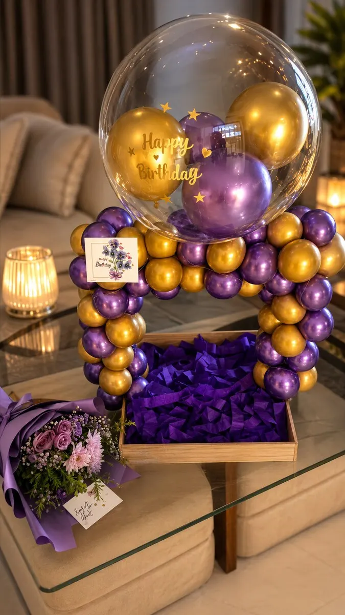 A purple and gold balloon arch surrounding a clear Happy Birthday bubble balloon with a small bouquet and gift tray — handcrafted by Bloom & Beyond in Lahore