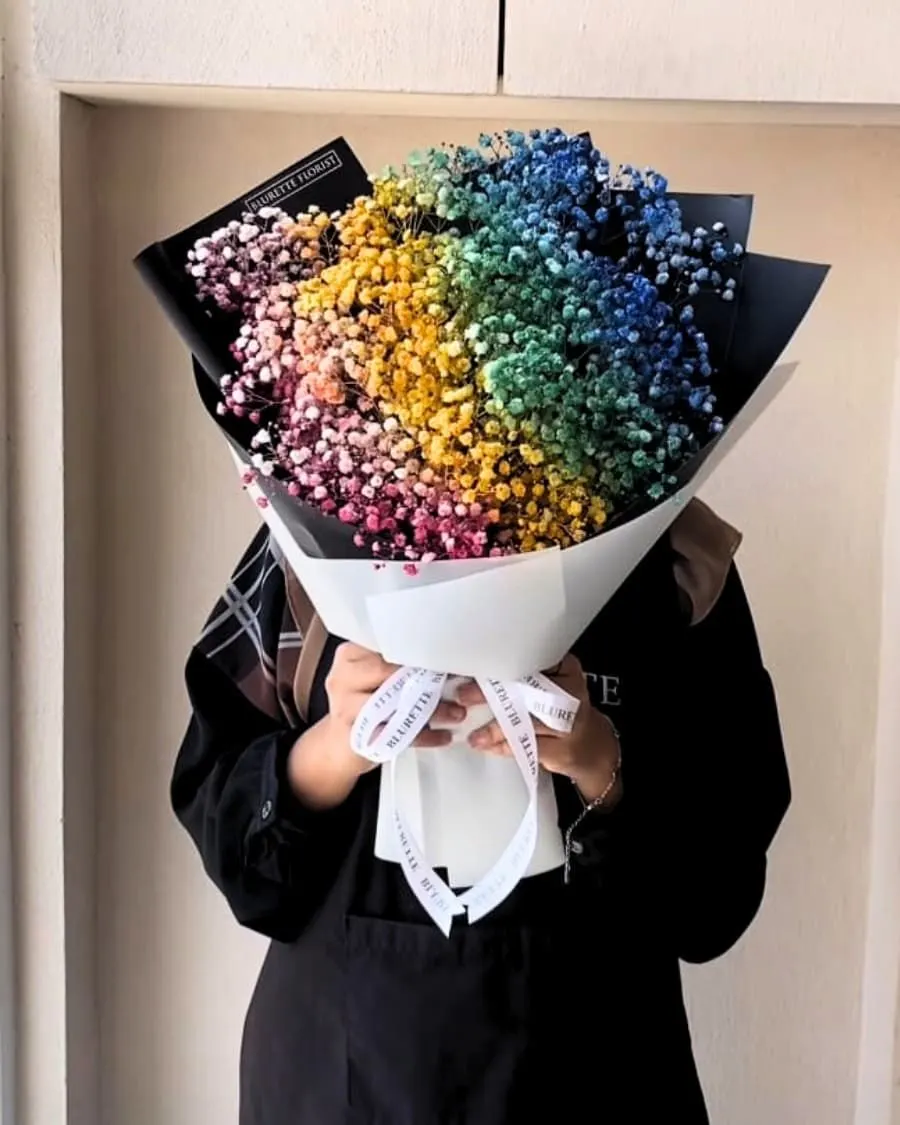A vibrant rainbow of tinted baby breath in a stunning multi-colour display — handcrafted by Bloom & Beyond in Lahore