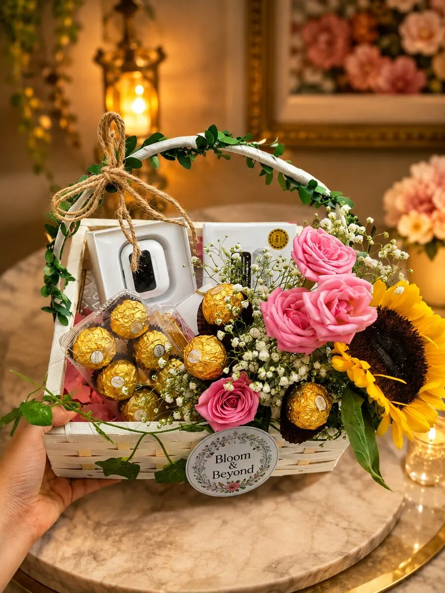 A white handled basket of pink roses, a sunflower and baby's breath packed with Ferrero Rocher chocolates — handcrafted by Bloom & Beyond in Lahore