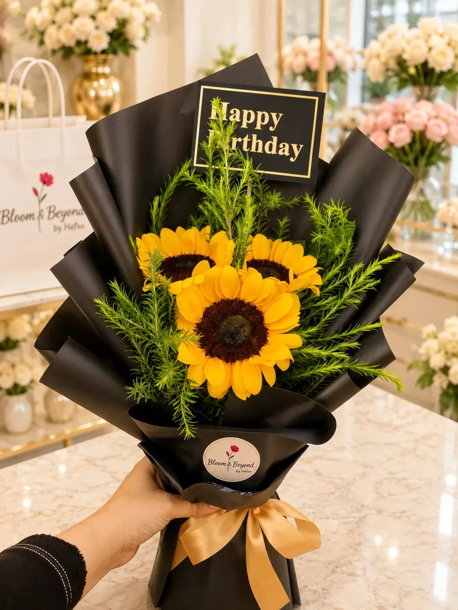 Three bright sunflowers with feathery greenery, wrapped in matte black paper and finished with a gold satin bow — handcrafted by Bloom & Beyond in Lahore