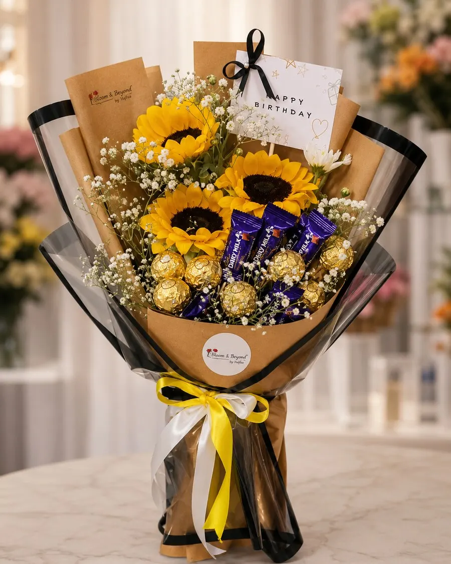 Sunflower and chocolate bouquet — three sunflowers with Ferrero Rocher truffles and Cadbury Dairy Milk bars set in baby's breath — handcrafted by Bloom & Beyond in Lahore