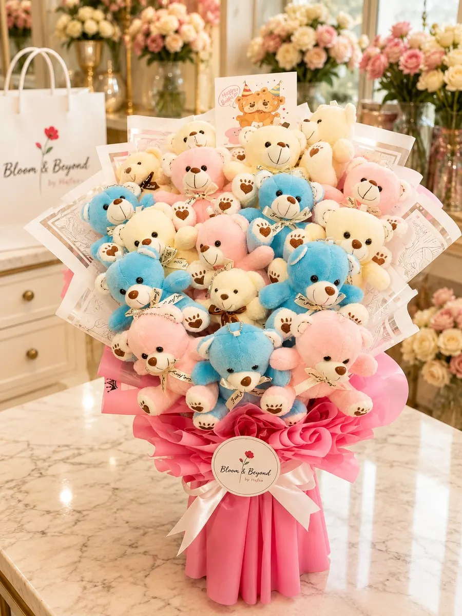 Nineteen soft teddy bears in pink, blue and cream — each individually bowed — built up into a full bouquet shape — handcrafted by Bloom & Beyond in Lahore