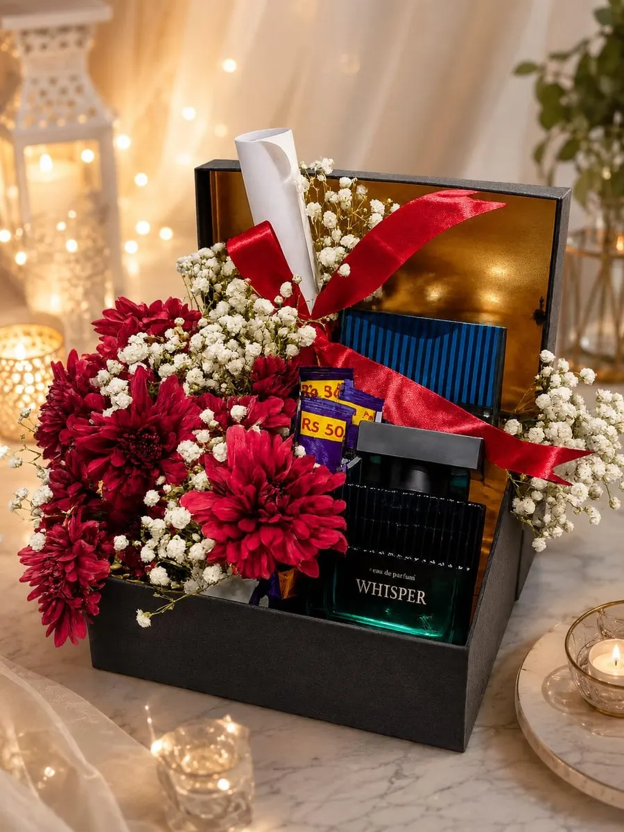A black gold-lined keepsake box of deep burgundy chrysanthemums and white gypsophila — handcrafted by Bloom & Beyond in Lahore