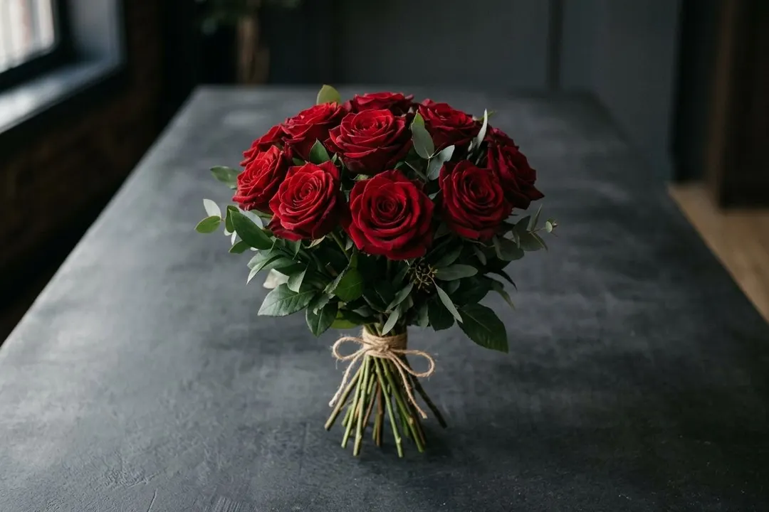 Dark-palette husband-birthday gift styling — classic red roses against deep background, masculine arrangement signature of Bloom & Beyond Lahore