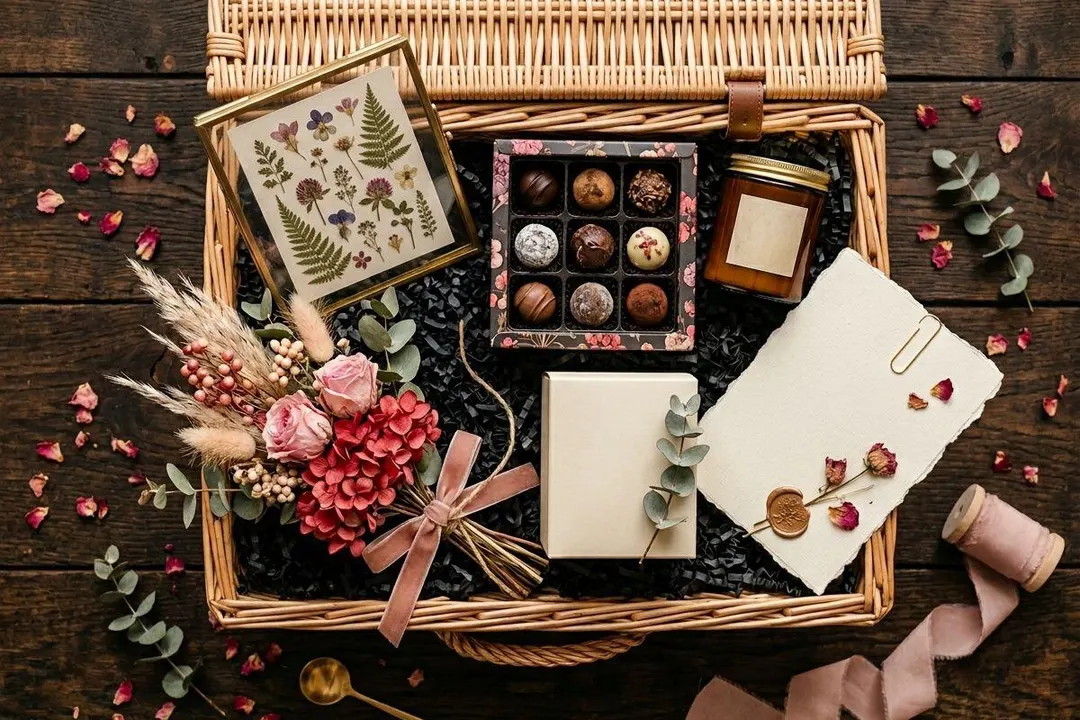 Curated parents' anniversary hamper from children — neutral romantic palette with roses, premium chocolates, scented candle, and hand-calligraphed family card — Bloom & Beyond Lahore