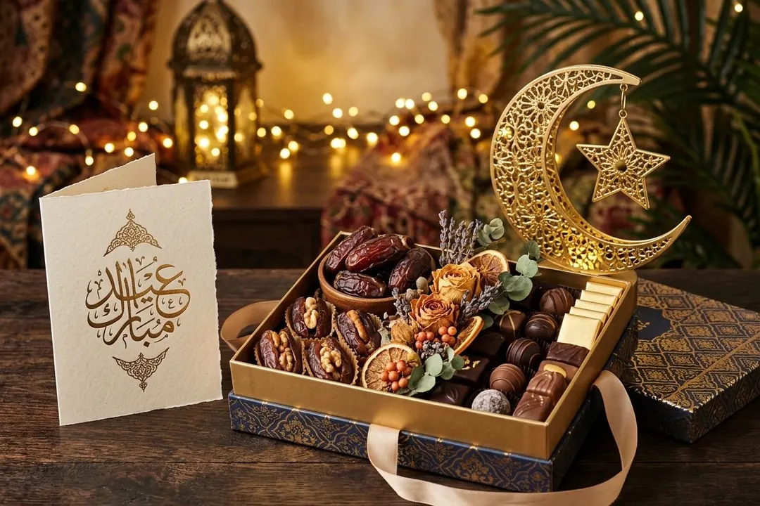 Eid gift hamper with premium dates, chocolates, and gold crescent — handcrafted by Bloom & Beyond Pakistan