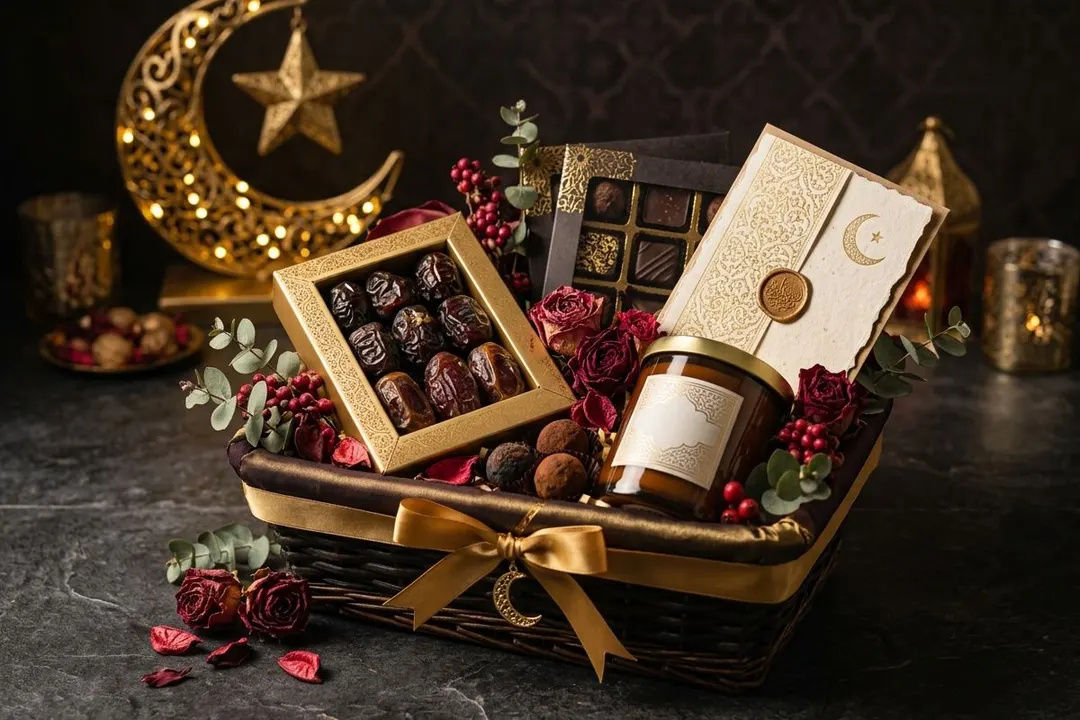 Premium Eid hamper with chocolates, dried flowers, and gold crescent decoration — Bloom & Beyond Lahore