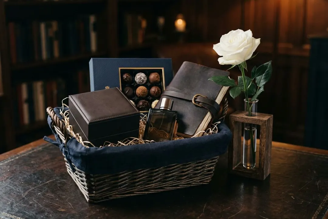 A curated masculine hamper with cologne, leather diary, premium chocolates, a white rose in test tube vase, and watch box — handcrafted by Bloom & Beyond in Lahore