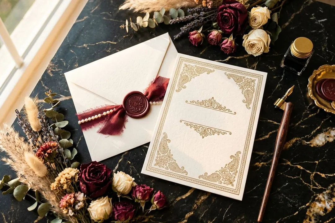 Handcrafted Nikkah invitation card with gold calligraphy and burgundy wax seal — Bloom & Beyond Lahore
