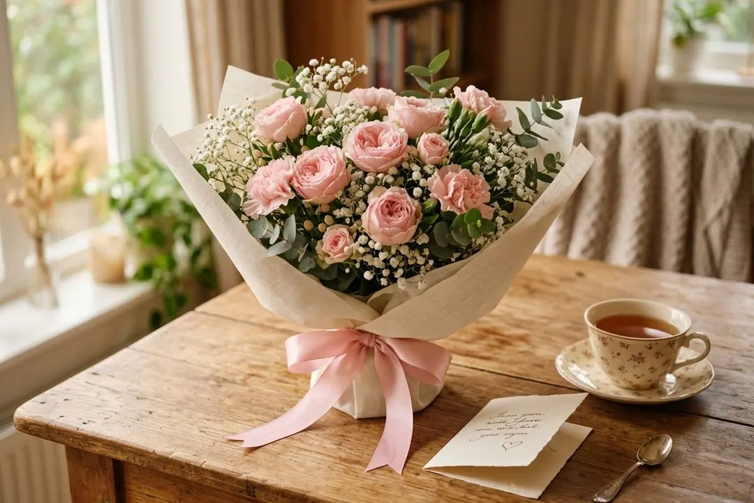 Pink and cream rose bouquet hand-arranged for parents' anniversary, paired with a family-name calligraphy card — Bloom & Beyond Lahore