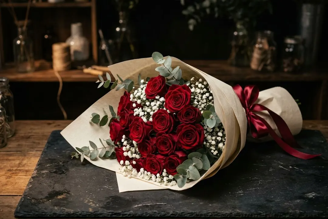 Eighteen premium red roses with baby breath and eucalyptus, hand-tied in textured cream paper with a deep red satin ribbon — handcrafted by Bloom & Beyond in Lahore