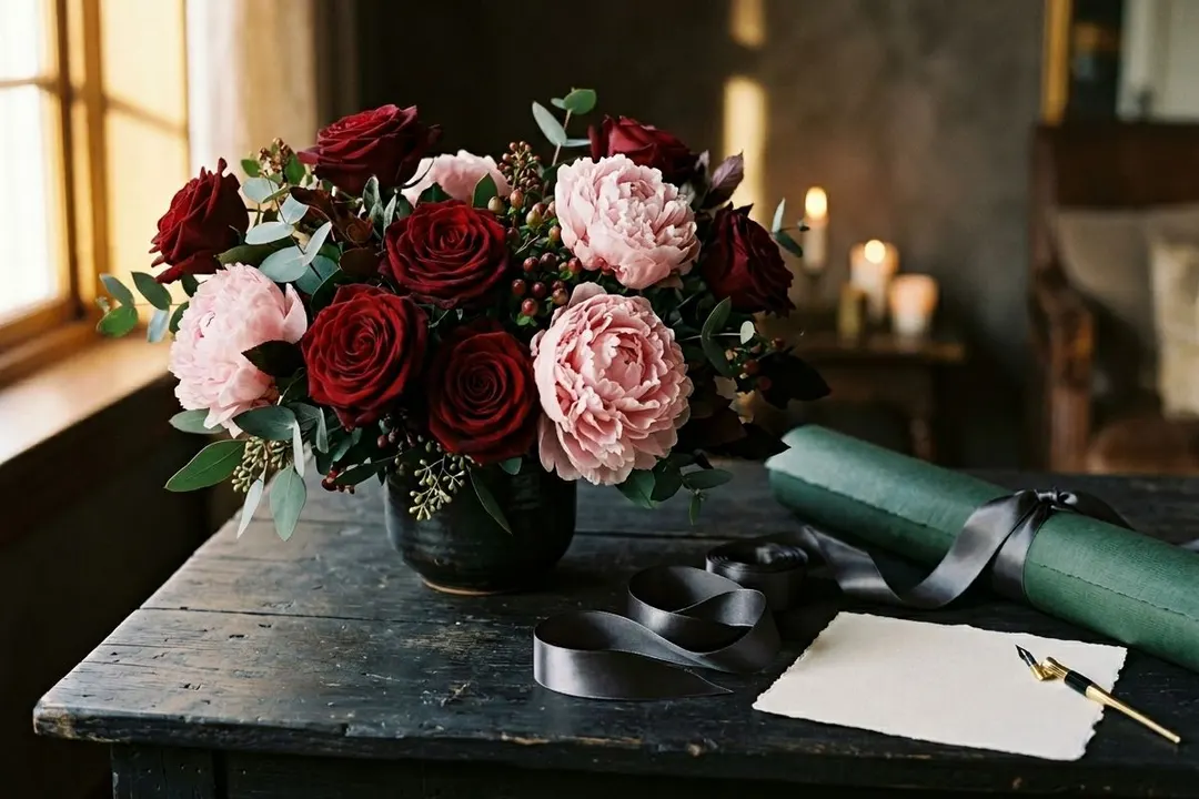 Romantic wedding-palette anniversary bouquet — soft pink roses and peonies hand-arranged for a wife's anniversary, satin ribbon and hand-calligraphed milestone card included