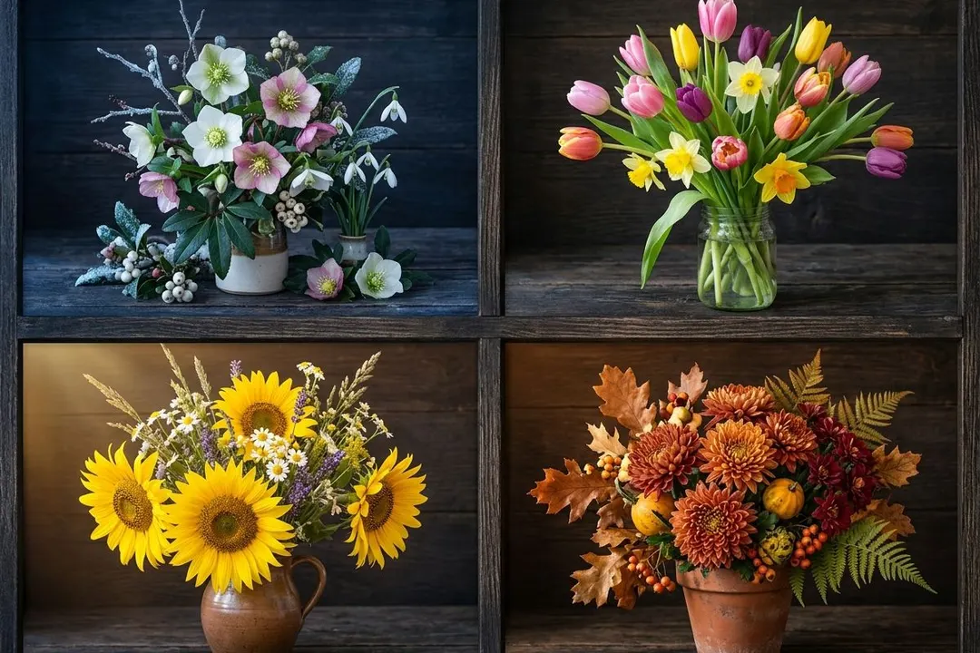 Four seasons of flowers in Pakistan — winter hellebores, spring tulips, summer sunflowers, autumn chrysanthemums — Bloom & Beyond seasonal guide