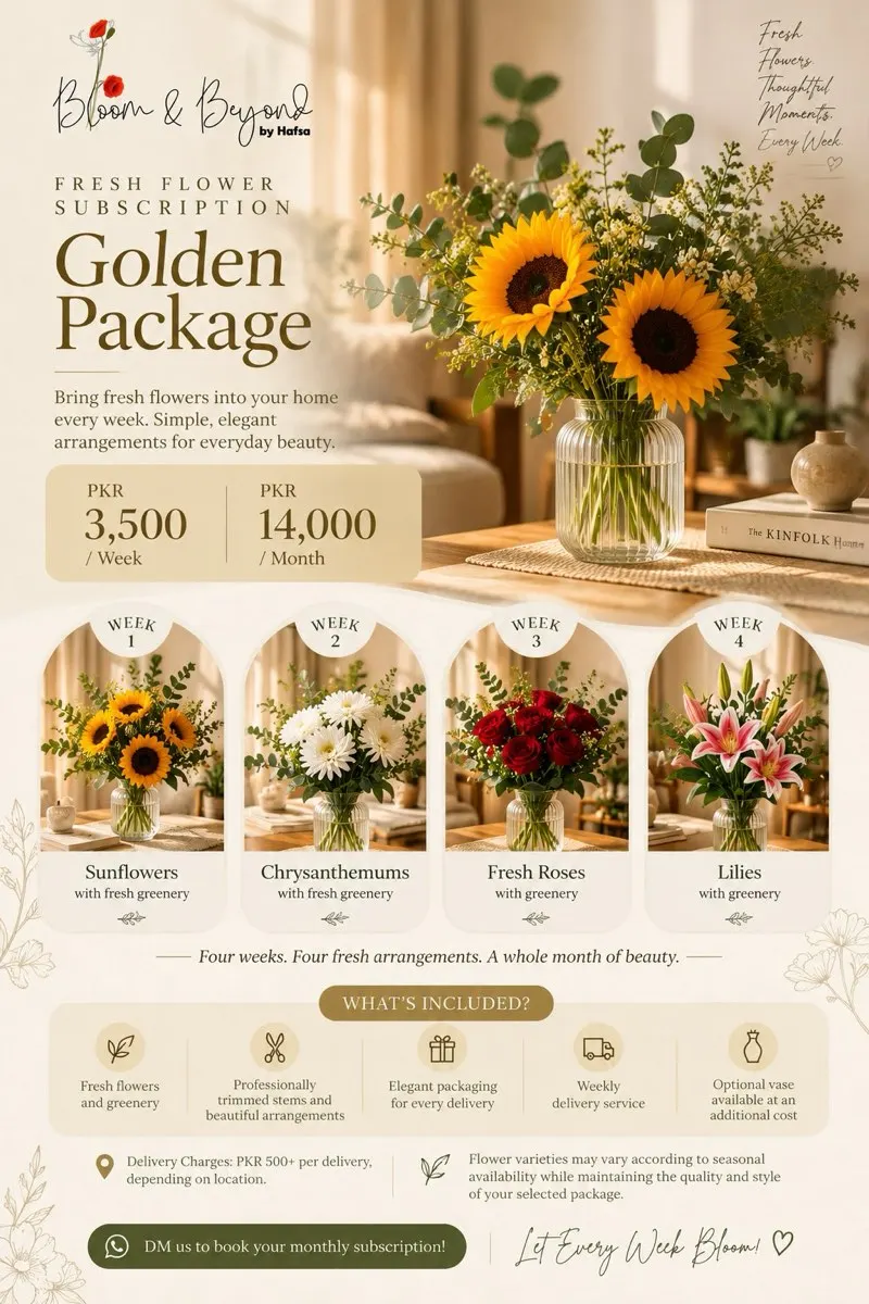 Golden fresh flower subscription package by Bloom & Beyond, Lahore — four weekly arrangements: Sunflowers with fresh greenery; Chrysanthemums with fresh greenery; Roses with fresh greenery; Lilies with fresh greenery