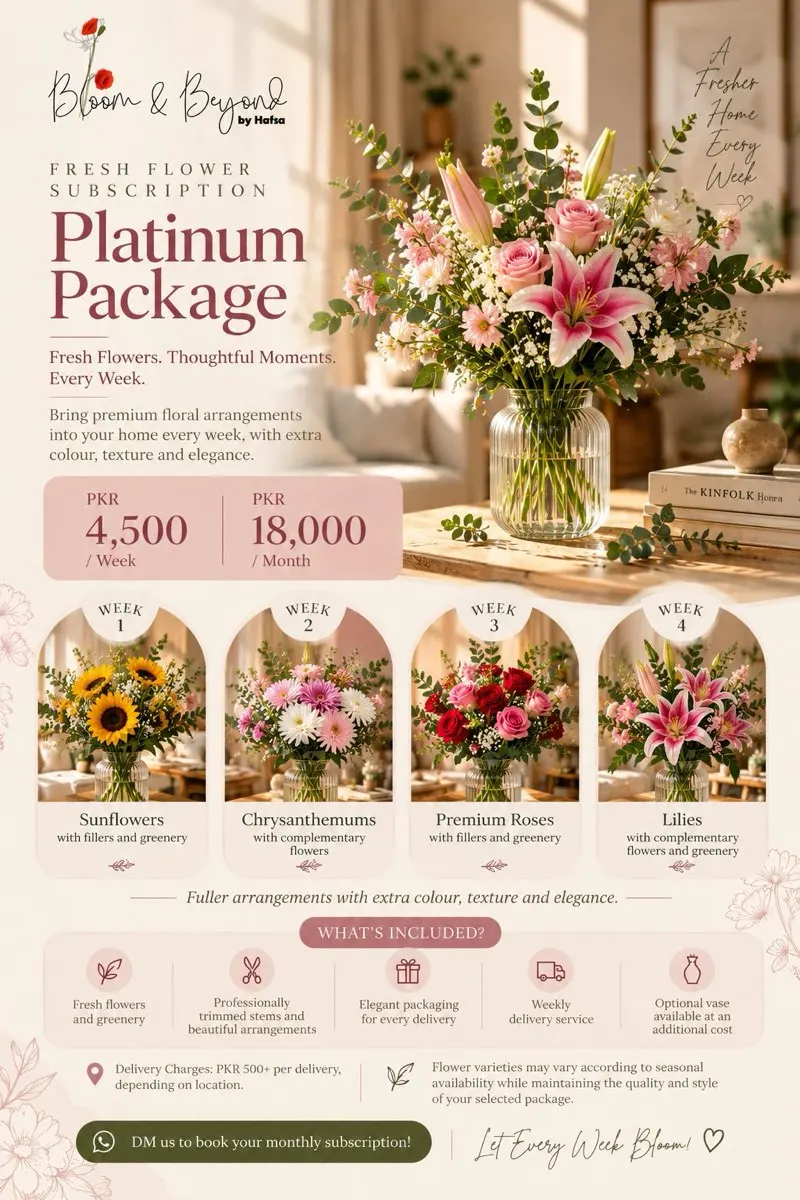Platinum fresh flower subscription package by Bloom & Beyond, Lahore — four weekly arrangements: Sunflowers with fillers and fresh greenery; Chrysanthemums with complementary flowers and greenery; Roses with fillers and fresh greenery; Lilies with complementary flowers and greenery