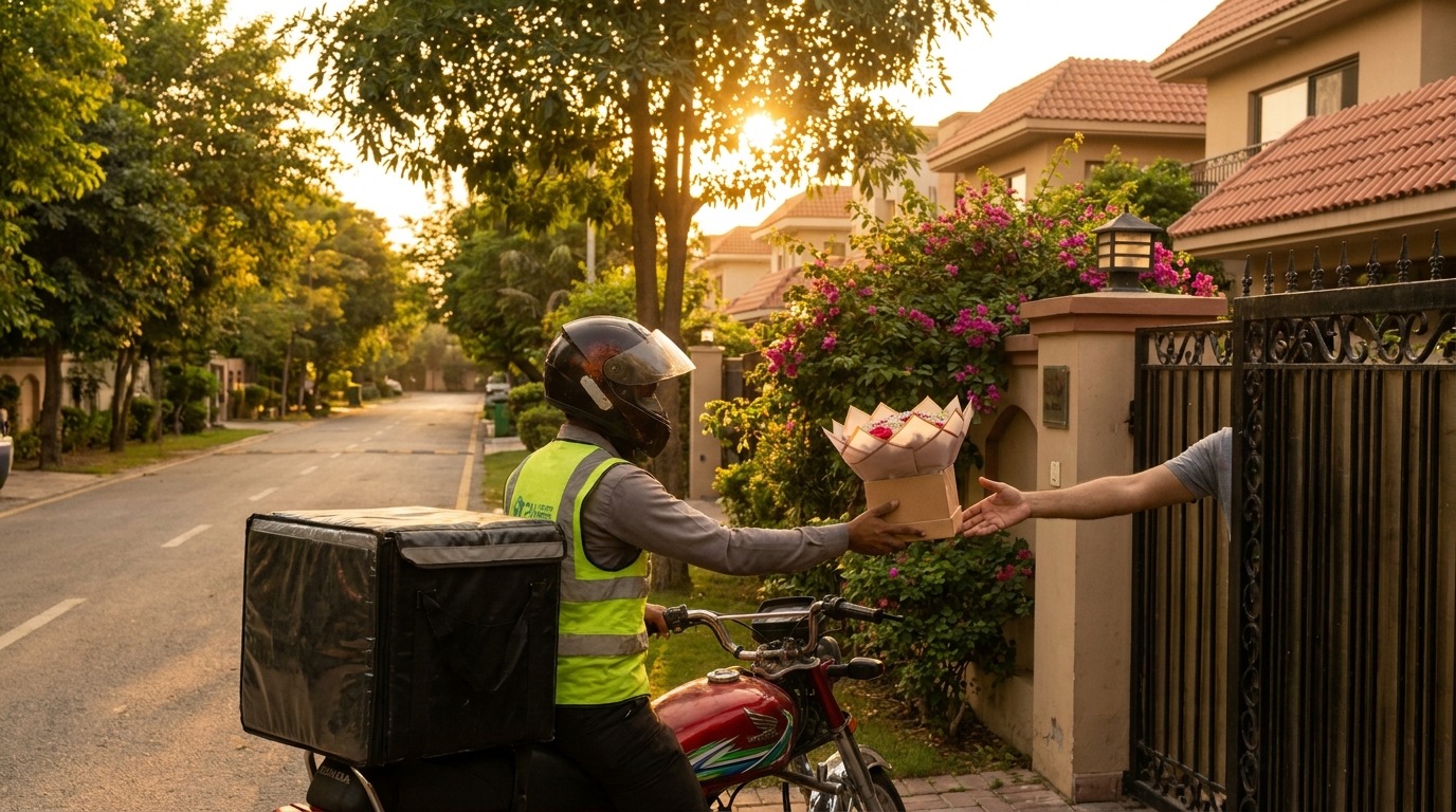 Bloom & Beyond delivery rider handing a wrapped bouquet box to a recipient at a residential gate in Lahore at golden hour